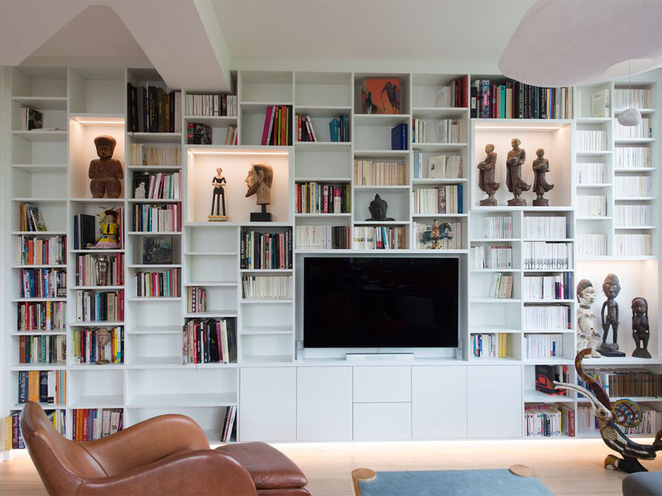 meuble tv et bibliotheque living salon sur mesure